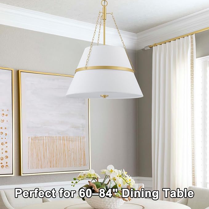 20" Gold Drum Chandelier for Dining Room, White Linen Shade Pendant Light | Modern Transitional, Large Fabric Drum Design, 4-Light, 3 Side Chains, for Kitchen Island,Adjustable Height,19.69"W × 26.38"H