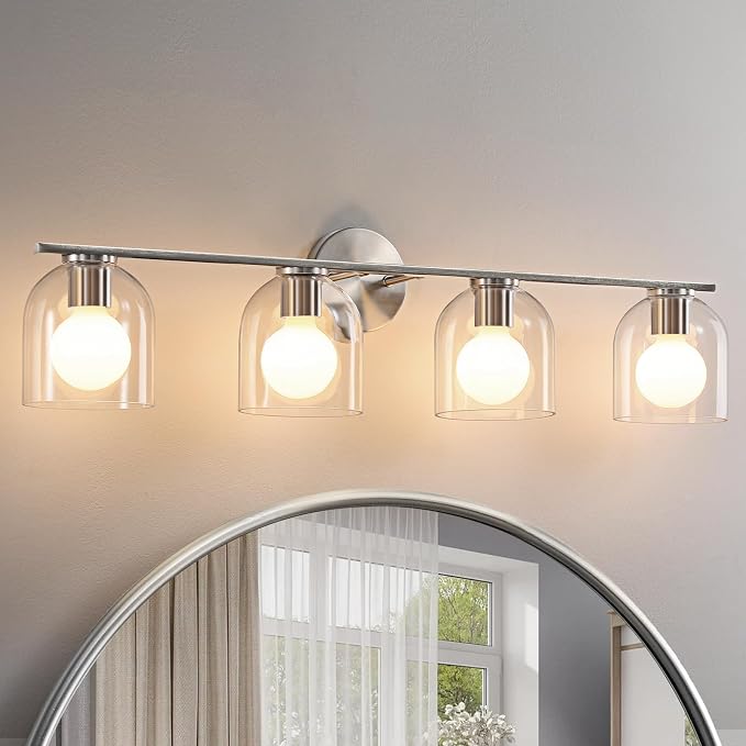 WOSHITU Bathroom Vanity Light Fixtures: 32.3 Inch Modern Brushed Nickel Bathroom Vanity Lights Over Mirror with Clear Glass Shade, 4-Light Bathroom Light Fixture Wall Lights Over Mirror