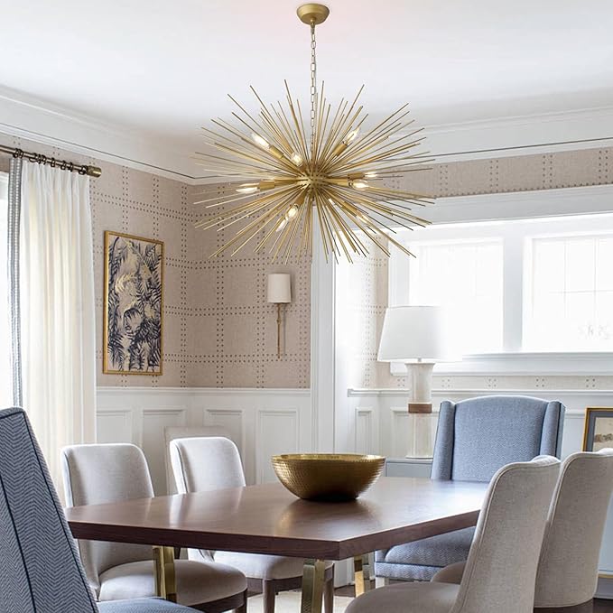 Modern 33.8in Gold Sputnik Chandeliers 12-Light Mid-Century Starburst Chandelier Light Fixture Solid Metal Satellite Large Chandelier for High Ceiling Dining Room Living Room Foyer E12