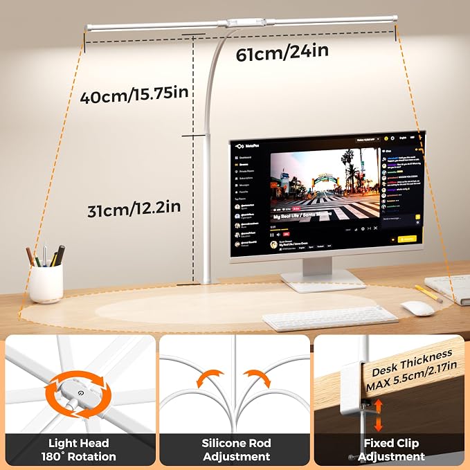 LED Desk Lamp with Clamp - Double Head Desk Light with Remote and Touch - Eye Protection - 12 W, 5 Color Modes, Timer and Memory Function, Flexible Gooseneck - for Office, Reading - White