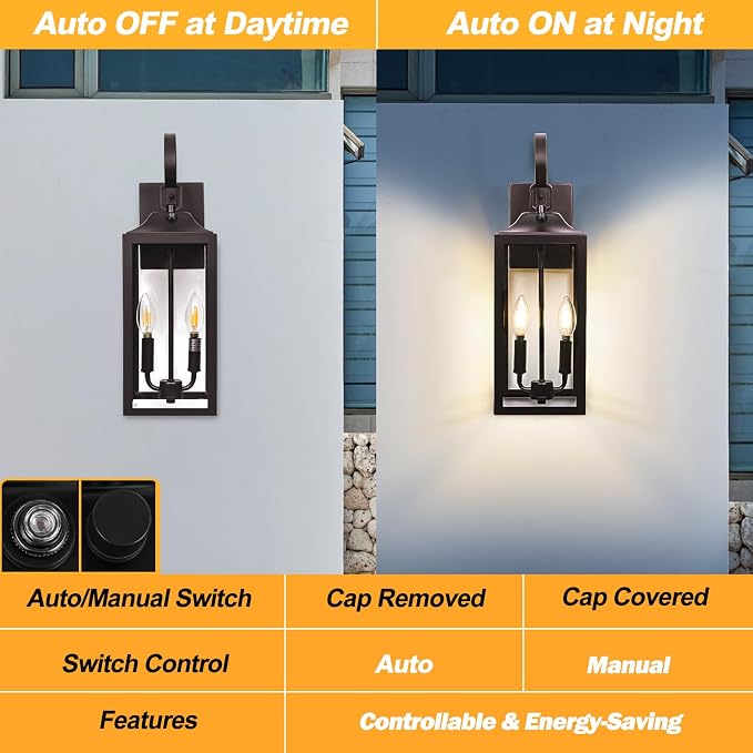 19" Oil Rubbed Bronze Dusk to Dawn Outdoor Wall Light, Modern Porch Lights | Large Exterior Wall Lantern 2-Light with Tempered Glass, Waterproof Outdoor Light Fixtures Wall Mount for House Patio, 1-Pack