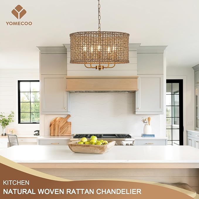 Boho Hand-Woven Rattan Chandelier Vintage Farmhouse Bamboo Golden Chandelier Modern 5-Lights Drum Wicker Gold Chandeliers for Dining Room, Kitchen, Living Room, Entryway, Bedroom, E12