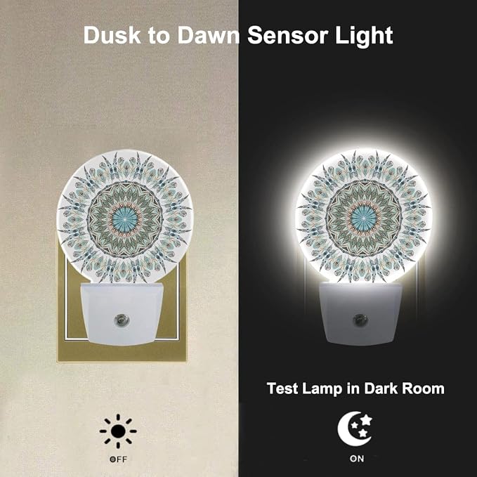 Flower Mandala Night Lights Plug into Wall Turquoise Yellow Blue Floral Paisley LED Dusk to Dawn Plug-in Nightlight Auto Sensor for Bedroom Bathroom Hallway Living Room