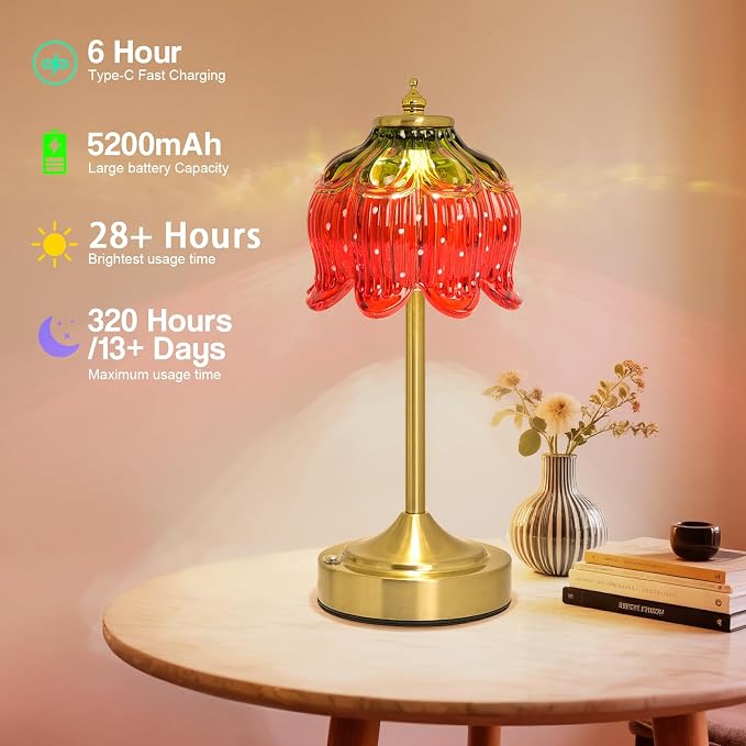 Cordless Table Lamp, Rechargeable Strawberry Glass Flower Lamp | 5200mAh touch lamp with 3 color modes and stepless dimming, battery operated lamp for nightstands and kitchen counters