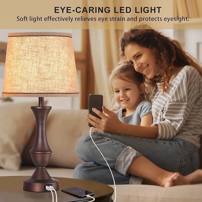Luvkczc Touch Table Lamps Set of 2, 22" Tall Bedside Lamps with USB C+A Ports, Dimmable Table Lamp, Nightstand Lamps for Bedroom, Living Room, Office, Brown Lamps with Beige Lampshade, Bulbs Included
