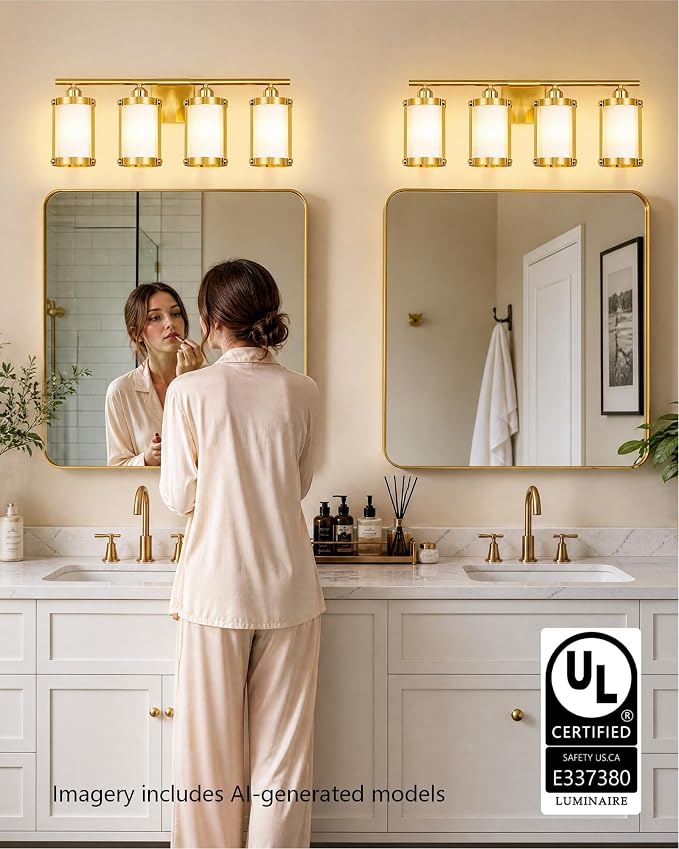 4-Light Brushed Gold Bathroom Light Fixtures with Milk White Frosted Glass, 29" UL-Listed Modern Wall Sconce Over Mirror with Metal Cage for Bath, Hardwire E26, OS-3014BGW-4W