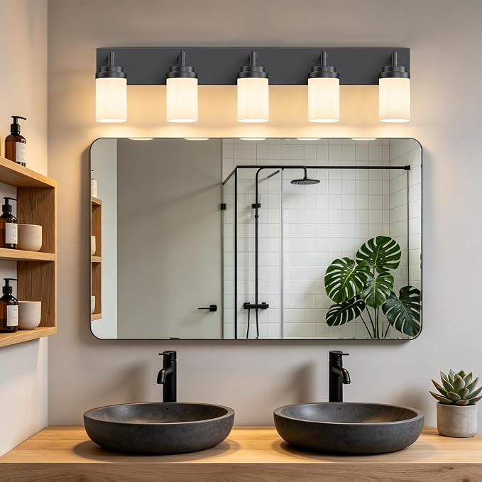 Bathroom Light Fixtures, Matte Black Bathroom Lighting Fixtures Over Mirror, Modern Vanity Light with White Glass Shade, Restroom Lighting Fixtures, 5-Light 36-inch