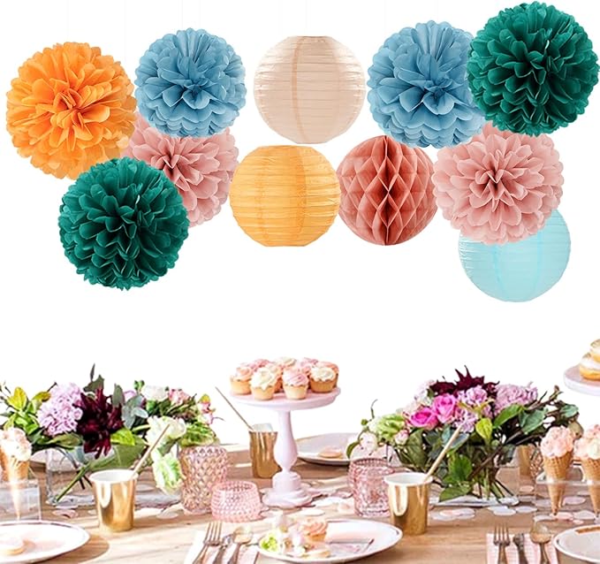 Dusty-Blue Orange Teal Party-Decorations Paper-Flowers - 15pcs Fall Rose Gold Blush Pink Birthday Baby Bridal Shower Tissue Pom Poms Lanterns Streamers,Wedding Bachelorette Hanging Supplies Hugfond