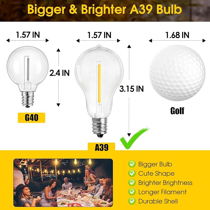 100FT Outdoor String Lights, Patio Light with 32 A39 Bulbs, Black | Plug in, Dimmer not included, Waterproof, Shatterproof, Extendable, LED Hanging Lamp for Indoor Outside Decor, Warm White