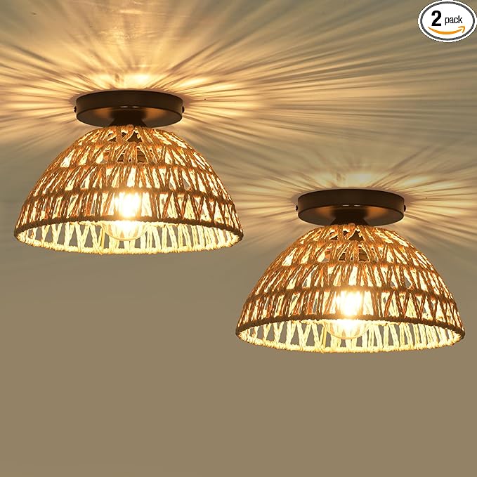 2 Pack 10.2" H Farmhouse Fixtures Ceiling Mount, Brown Rattan Boho Semi Flush Mount Ceiling Light,Hand Woven Hallway Light Fixtures for Bedroom Entryway