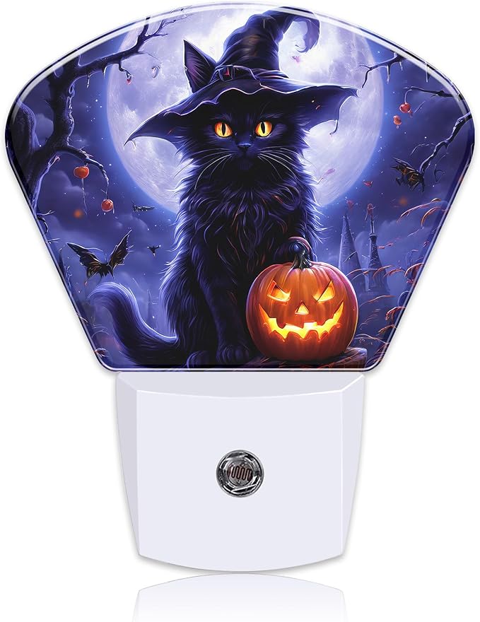 Black Cat with Witch Hat Night Light for Kids Girls Boys, Halloween Pumpkin LED Night Light Plug into Wall with Dusk to Dawn Sensor for Bedroom, Hallway, Kitchen, Bathroom, Stairs Decor
