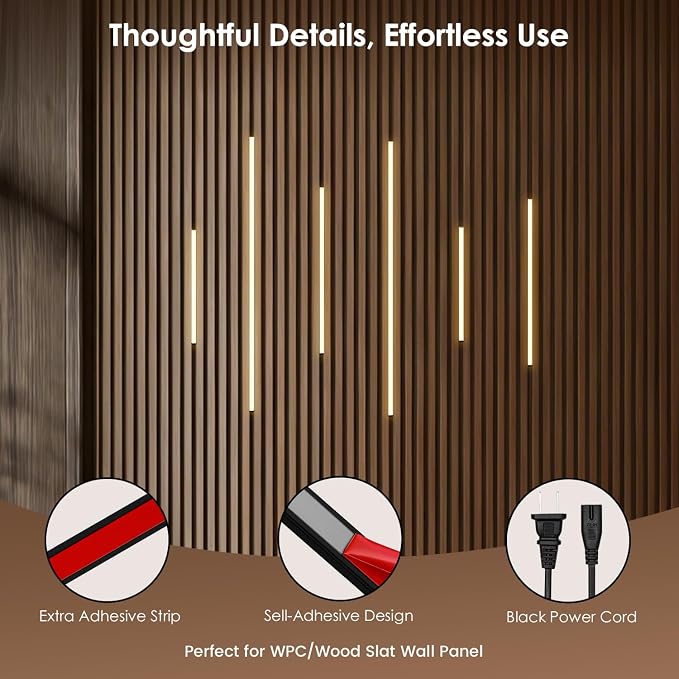 Slat Wall Lights for Wood Panel-6PCS LED Recessed Lighting Kit | White Light Cover Adhesive Black LED Light for Wood Slat Wall Panels,Dimmable& Touch 3000K Led Strip Lights