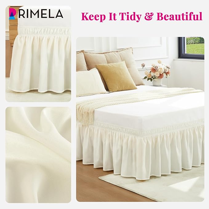 RIMELA Cream Bed Skirt Queen Size 12 Inch Drop, Wrap Around Elastic Adjustable Bedskirt, Bed skirting Dust Ruffle for Bed Frame & Box Spring Soft Durable Fabric Machine Washable Easy to Install