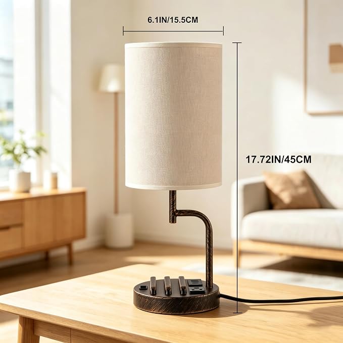 Dreamholder 2 Pack Table Lamp, Bedside Lamp with 3 USB Charging Ports & AC Outlet, USB Desk Lamp with 2 Phone Holders, Linen Fabric Shade Nightstand Lamps for Bedroom Living Room Office, Antique Brass