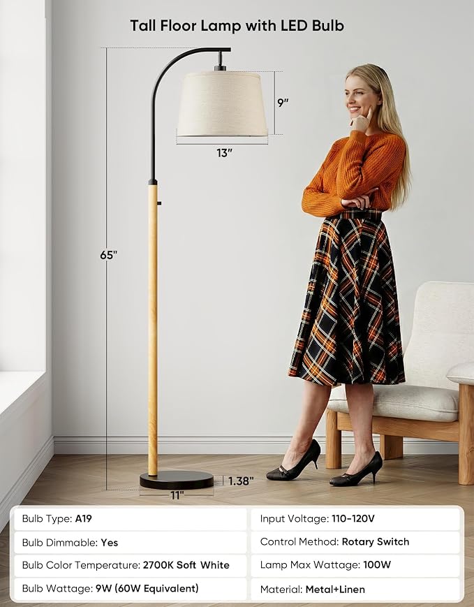 Dimmable Floor Lamp for Living Room, 65" Tall Metal Standing Lamp with LED Bulb, Mid Century Modern Arc Floor Lamp with Linen Shade for Bedroom, Reading Room, Office & Nursery, Black&Natural Color