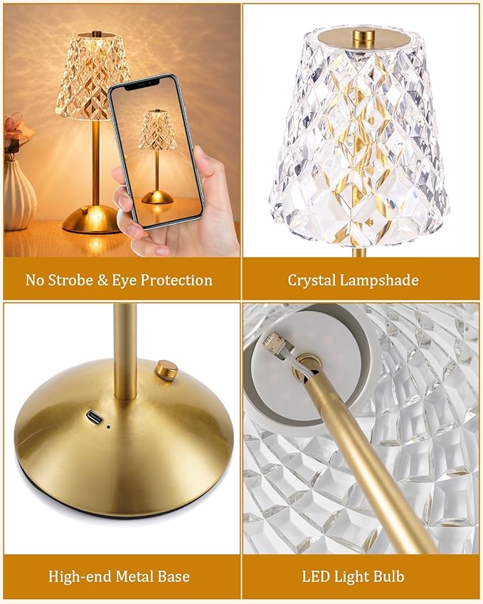 Nusogon 2 Pack Rechargeable Cordless Table Lamp, Touch Control Desk Lamp | 3 Color Dimmable Gold LED Small Lamp for Bedroom Bedside Restaurant Kitchen Home Decor