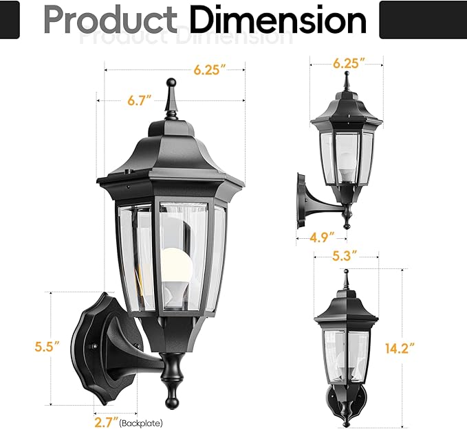 EMART Outdoor Front Porch Light, Exterior Anti-Corrosion, Waterproof Aluminum & Glass Shades Wall Lamp Fixture, Modern Sconce Lantern for Outside, House, Garage - 2 Pack, Black （Bulb Included）
