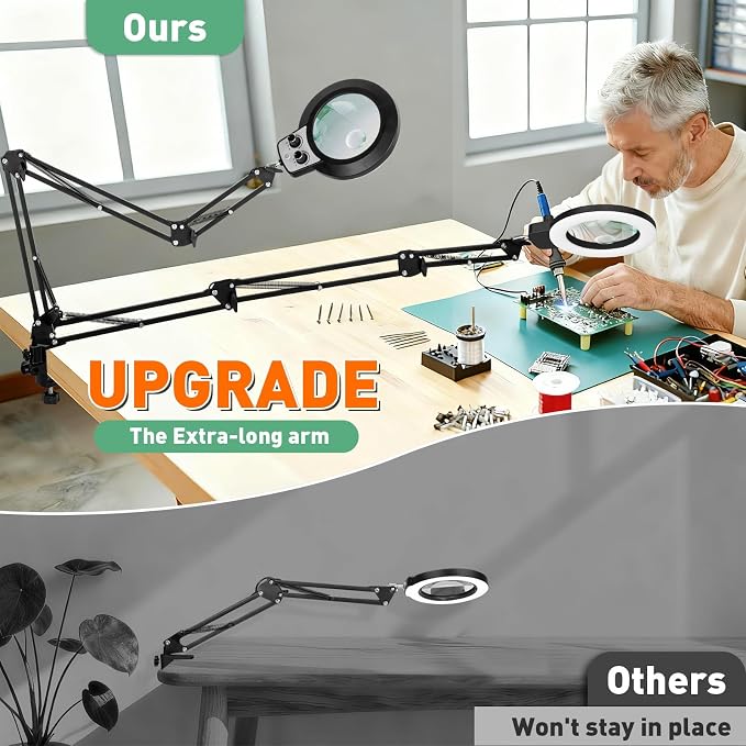 Magnifying Glass with Light, Overhead Knob Magnifier Lamp 12X 30X | 35in Adjustable Arm For Craft Repair Sewing Workbench Close Work, LED Magnifying Light Real Glass Stepless Dimming and Color