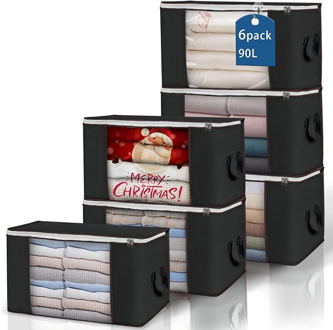 90L Large Storage Bags, 6 Pack Clothes Storage Bins Closet Organizers | Foldable Storage Containers, with Reinforced Handle, for Clothing, Blanket, Comforters, Bed Sheets, Pillows and Toys