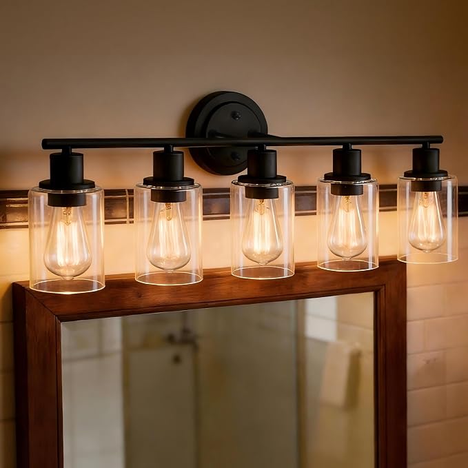 5-Light Black Bathroom Vanity Light Fixture Over Mirror - 5 Bulb Black Wall Sconce for Bathroom Bedroom Hallway Wall Mount Fixture Over Kitchen Sink