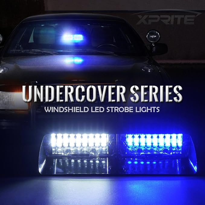 Xprite White Blue LED Emergency Dash Strobe Light, Interior Windshield Safety Warning Flashing Lights w/Suction Cups,12V Windshield Visor Light Bar for Police Law Enforcement Volunteer Vehicles Trucks