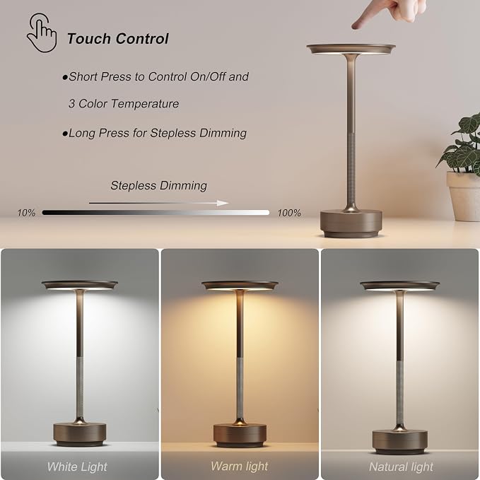 TBBGA 2 Pack Rechargeable Table Lamps Cordless, 5000mAh Outdoor Table Light | 3 Color Stepless Dimming Portable LED Table Lamp with Memory Function, for Home/Dinner/Patio/Restaurant.(Light Cafe)