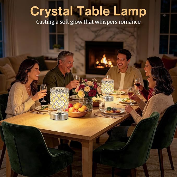 Yellow Small Crystal Rechargeable Cordless Table Lamps Set of 2 | 6000mAh Battery, 3 Color Temps, Stepless Dimming, Touch Control, Portable Wireless Night Light for Bar Bedroom Living Room