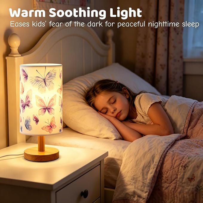 Butterfly Kids Table Lamp for Bedroom Girls Bedside Lamps 3 Colors Modes LED Nightstand Night Light with Cartoon Linen Lampshade Desk Lamp for Girls Boys Room Nursery Decor,Butterfly Gifts for Girl