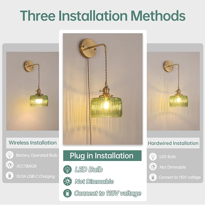 Shenmoyl Vintage Wall Sconce with Green Striped Glass Shade Hanging Wall Sconce with 4.9FT Plug in Cord, Modern Wall Lamp Fixtures Decor for Bedside Bedroom Indoor Doorway, Set of 2