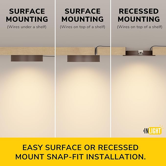 Getinlight 2.75" Under Cabinet LED Puck Lights Kit, Plug-in 12V Set with in-Line Dimmer, 3000K Warm White, Recessed or Surface Mount, ETL Listed, 6-Pack, IN-0102-6-WH