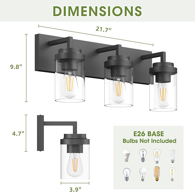 Bathroom Vanity Light, 3 Light Matte Black Vanity Lights with Clear Glass Shade, 22in Modern Wall Sconces, Bathroom Lighting Fixtures Over Mirror for Living Room