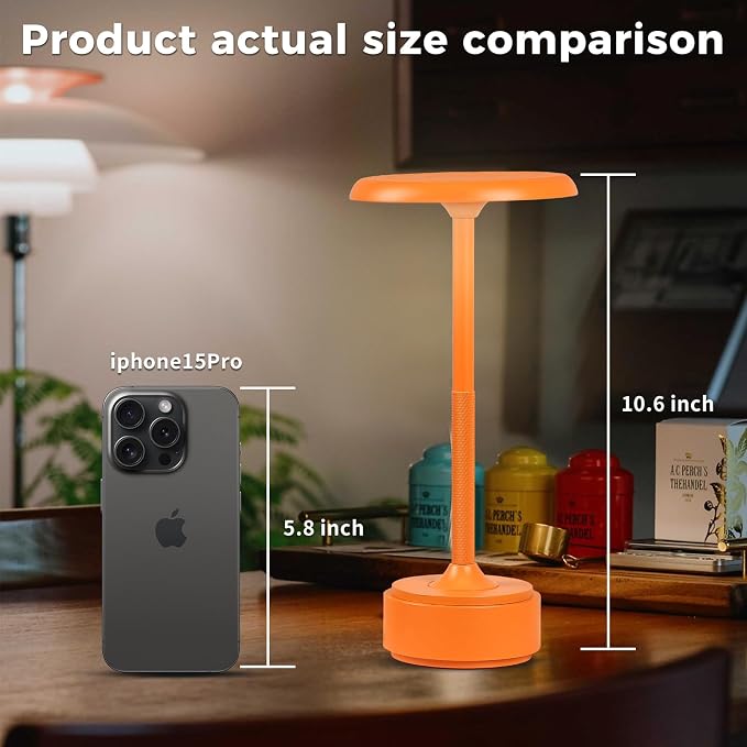 Cordless Rechargeable Modern Metal Table Lamp, Touch Dimming, 3-Color | Orange, 5200mAh Battery, Portable LED Desk Light, Touch Sensor, Suitable for Night Light/Restaurant/Night Stand/Coffee/Bar
