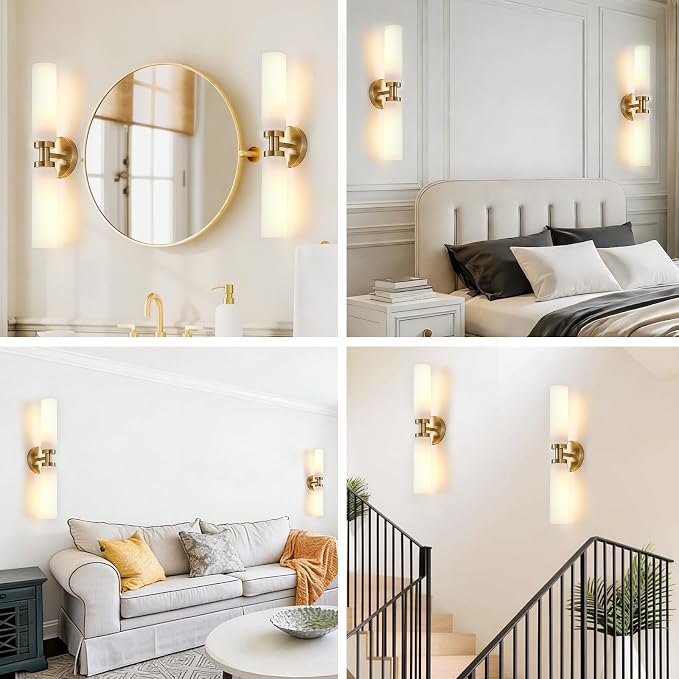Lanhall 2 Light Brushed Brass Gold Bathroom Light Fixture Over Mirror, Modern Farmhouse Bathroom Vanity Lights with Milky White Frosted Glass Shade, Wall Sconce for Hallway Cabinet Bedroom Porch