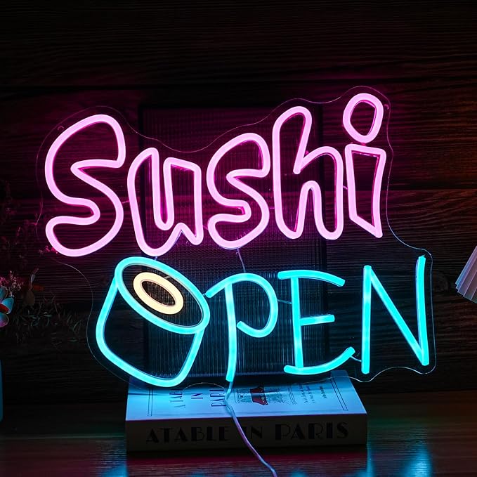 Sushi Open Neon Sign for Wall Decor - Dimmable LED Open Sign for Business - USB Powered Light for Sushi Shop, Restaurant, Kitchen, Home Decor