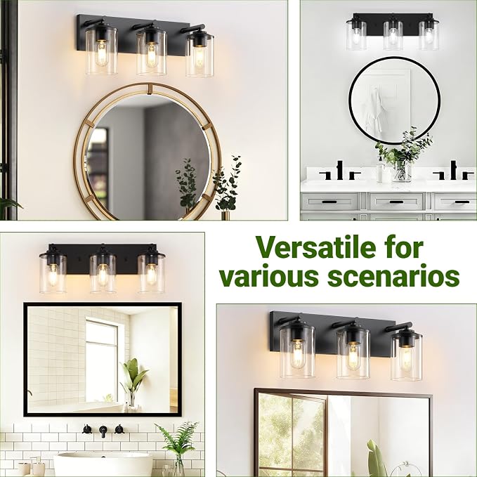 3-Light Bathroom Light Fixtures, Matte Black Bathroom Vanity Lighting Over Mirror with Clear Glass Shades, Modern Vanity Lights for Bath Wall Sconces Lamp for Powder Room, Bedroom, Hallway