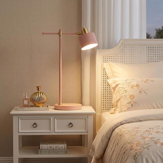 22.2" Modern Desk Lamp, Metal Table Lamp with LED Bulb, Adjustable Reading Lamps for Living Room, Mid Century Task Lamp for Home Office, Industrial Bedside Lamps with Solid Base, Pink
