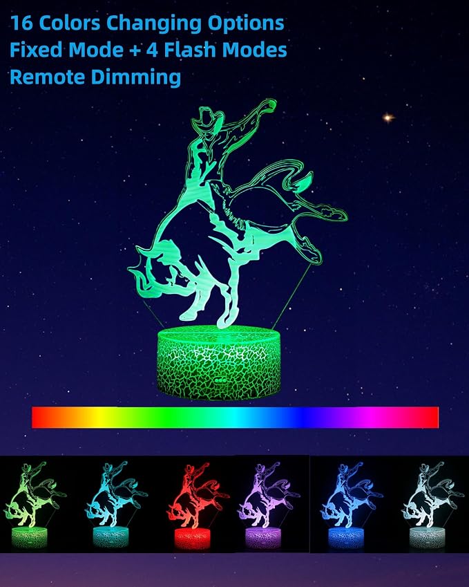 Bull Riding Rider 3D Illusion Night Light, Matador Style Décor Lamp | 16 Colors Changing, Dimmable, Touch & Remote Control, Birthday Christmas Gift For Boy Girl Kid Teen Men Women Bedroom Room