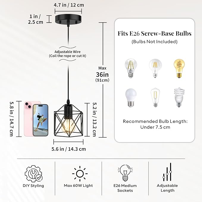 3 Light Pendant Lighting, Farmhouse Hanging Light Fixture for Kitchen Island & Dining Room, Industrial Vintage Ceiling Lamp with E26 Base, Adjustable Height, Matte Black