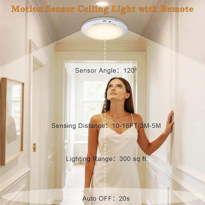 Motion Sensor Ceiling Light Battery Operated with Remote, 2 Pack Wireless Rechargeable Ceiling Lights Indoor, 3CCT Dimmable Closet Night Light for Shower Stairs Shed Hallway Porch RV and Tent