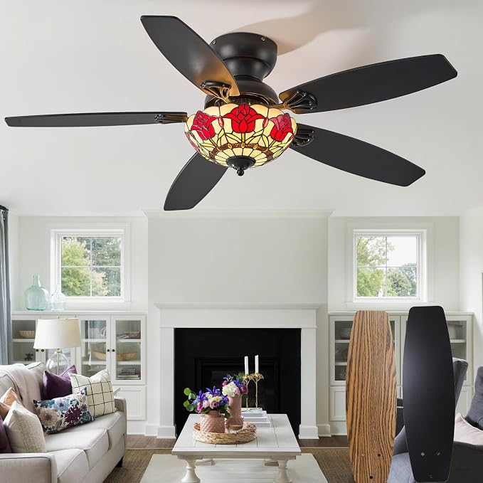 Tiffany Ceiling Fans with Lights-48"Ceiling Fan Chandelier and Glass Shade | 48" Ceiling Fan Chandelier with 5 Dual-Blades and Glass Shade, 6 Speeds and Reversible, Indoor and Outdoor, Retro Style