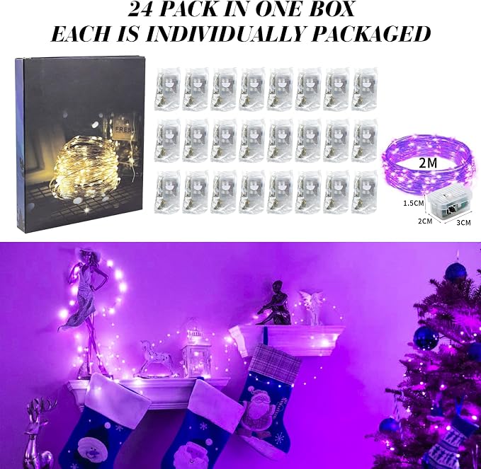 ZGWJ 24 Pack Purple Fairy Lights, Mini String Lights | Battery Operated 7 FT 20 LED Waterproof 3 Modes for DIY, Parties, Wedding, Halloween, Christmas Decoration