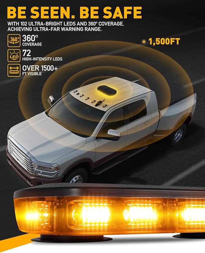 HLauto 700A Rooftop Emergency Strobe Lights Bar, 72 LED Amber Mini Beacon Safety Flashing Warning Traffic Lights Bar w/Magnetic Base for 12-24V Trucks, Construction Vehicles, Snowplow, Cars
