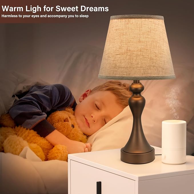 Touch Lamps for Nightstand, 3 Way Dimmable Bedside Lamps with USB C+A Ports | Touch Control, LED Bulb Included, Small Brown Table Lamp for Bedroom, Night Stands, End Table, Gift，Corded，Beige Shade