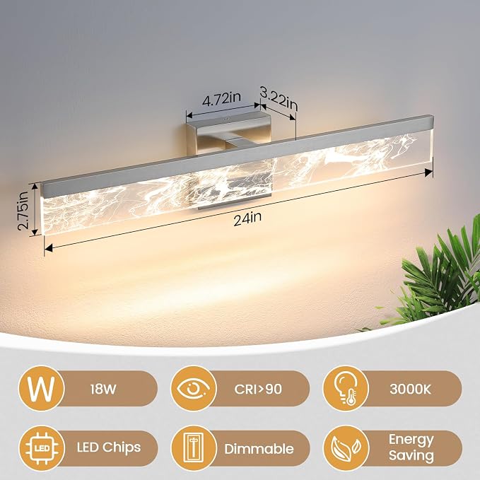 AIJIASI Brushed Nickel Vanity Light for Bathroom - 24 Inch Bathroom Lighting Fixtures Over Mirror 18W 3000K LED Vanity Lights Bar Modern Vanity Light Wall Mount