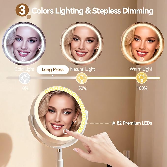 Travel Makeup Mirror with Lights, 1X/20X Lighted Makeup Vanity Mirror with Storage , 2-Sided Height Adjustable Magnifying Detachable Desk Mirror with 3 Color Lights, 360° Rotation & Rechargeable