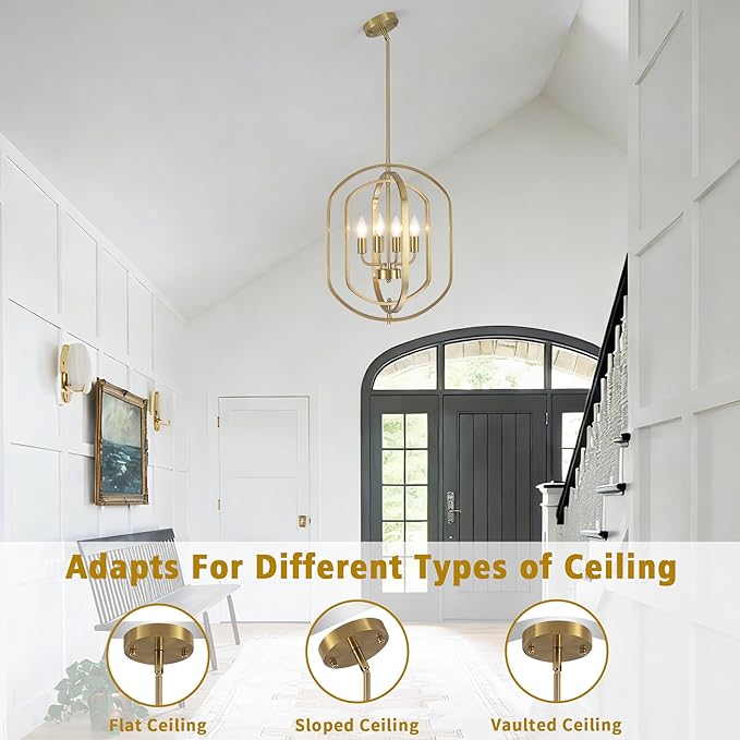 LASENCHOO 4 Lights Gold Chandelier for Dining Room Light Fixture, Modern Farmhouse Chandeliers for Entryway Foyer Lighting Fixtures, Metal Geometric Lantern Pendant Light Kitchen Island with E12 Base