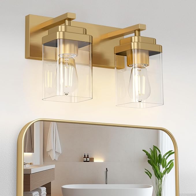 Brushed Gold Bathroom Light Fixtures, 2 Lights Bathroom Lighting Fixtures Over Mirror, Square Design & Rectangle Large Backplate, Modern Vanity Lighting Fixtures, for Living Room/Bedroom