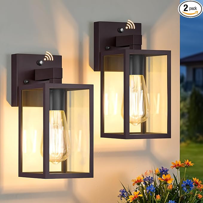 2 Pack Dusk to Dawn Outdoor Wall Light Fixtures, Exterior Porch Light, Waterproof Wall Sconces Lanterns, Sensor Lighting Wall Mount for House Doorway Garage, Dark Chocolate