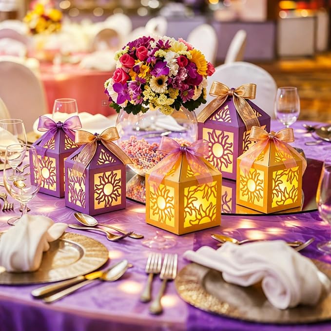 32 Pcs Sun Lantern Centerpieces with LED Candles and Ribbon | Paper Material, Princess Girls Birthday Party Festival Decorations, 16 Lanterns+16 Candles