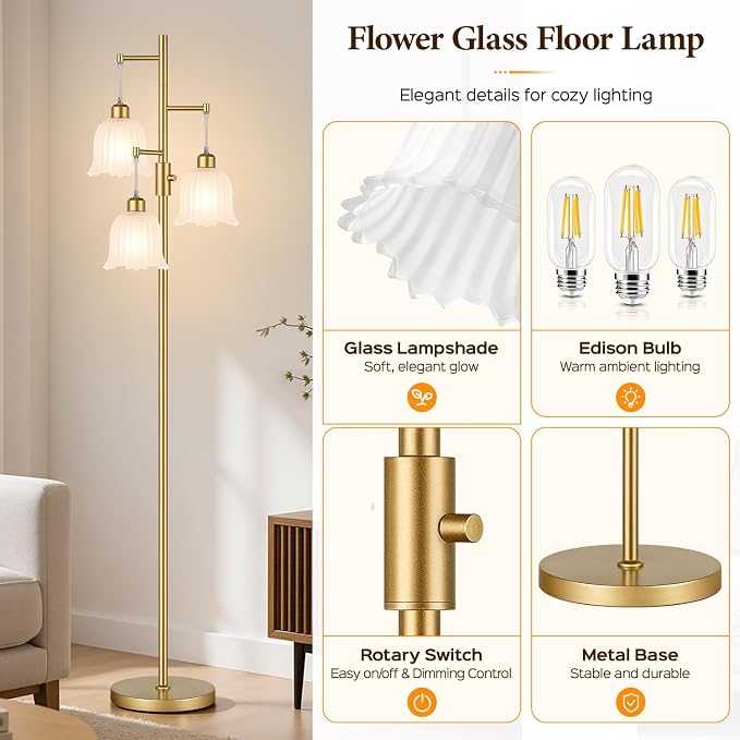 Dimmable Flower Floor Lamp, 3 x 900LM LED Bulbs Included, Modern | 70" Gold Tree Standing Lamp, 3 Lights Elegant Frosted Glass Flower Shade Vintage Floor Lamps for Living Room, Bedroom, Office